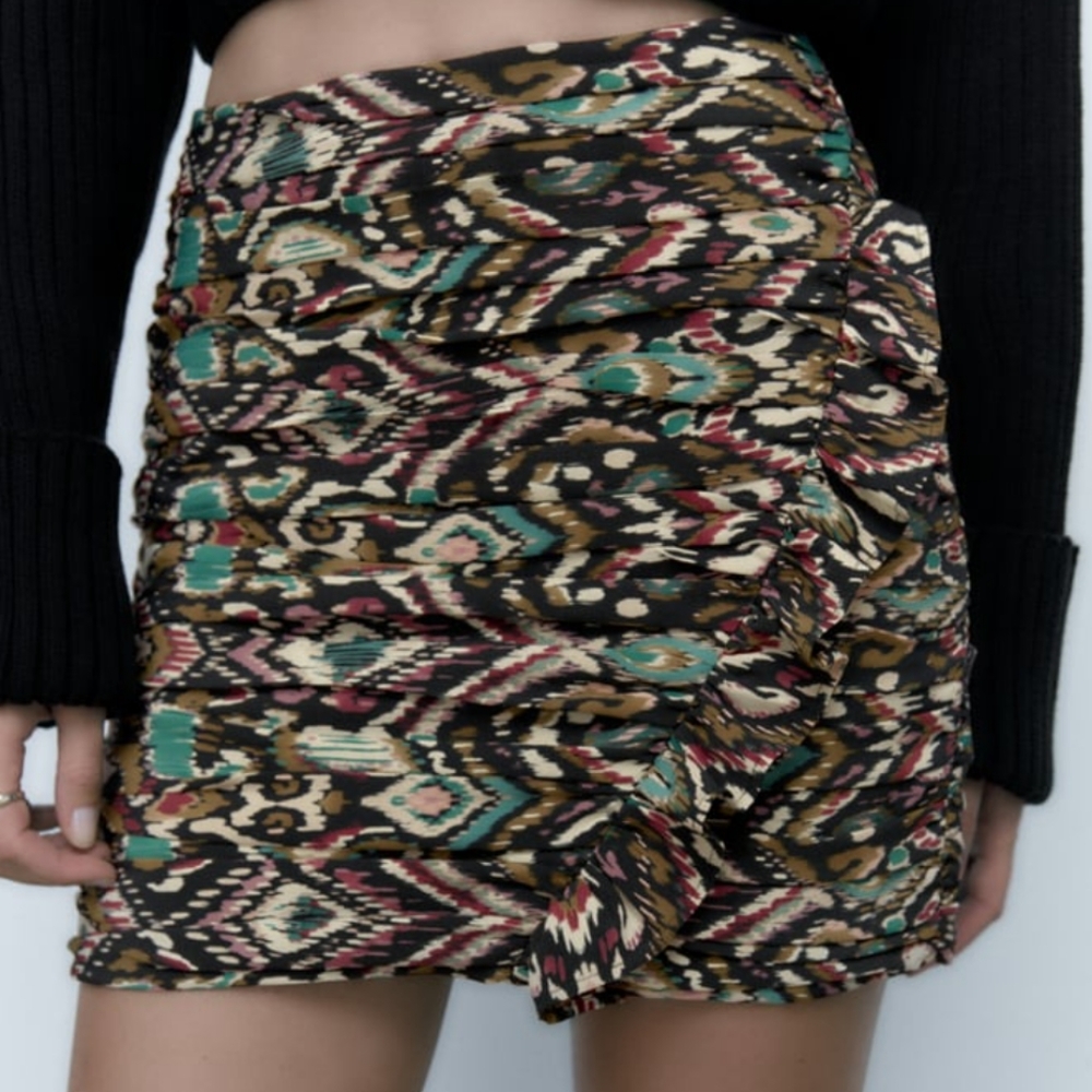 Zara women multicolor printed ruffled gathered detail mini skirt size M NWT